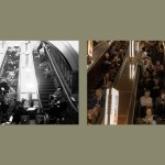 An image of London residents in 1940 hiding in an underground station during a Nazi bombing raid and an image of Ukrainians in 2023 hiding in a subway station during Russian missile airstrikes