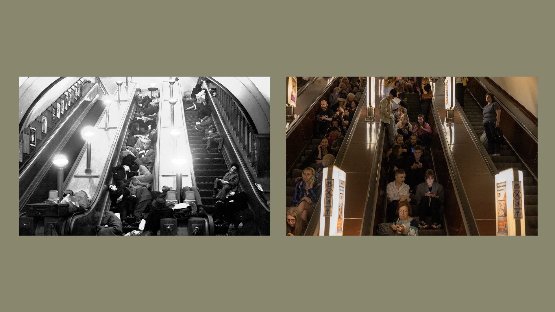 An image of London residents in 1940 hiding in an underground station during a Nazi bombing raid and an image of Ukrainians in 2023 hiding in a subway station during Russian missile airstrikes