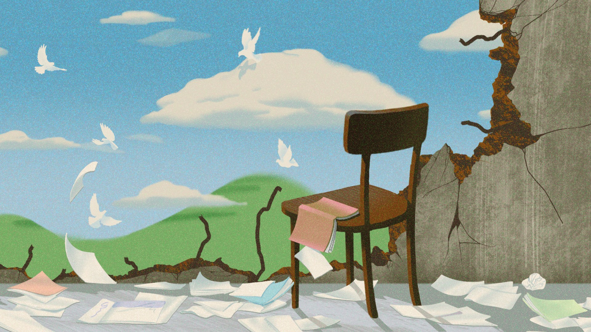 An illustration showing an empty chair set before an open field.